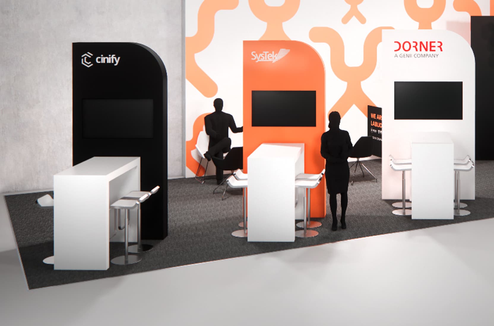 Rendering von Infostelen mit LED-Displays und Stehtischen auf dem Messestand von Lablions